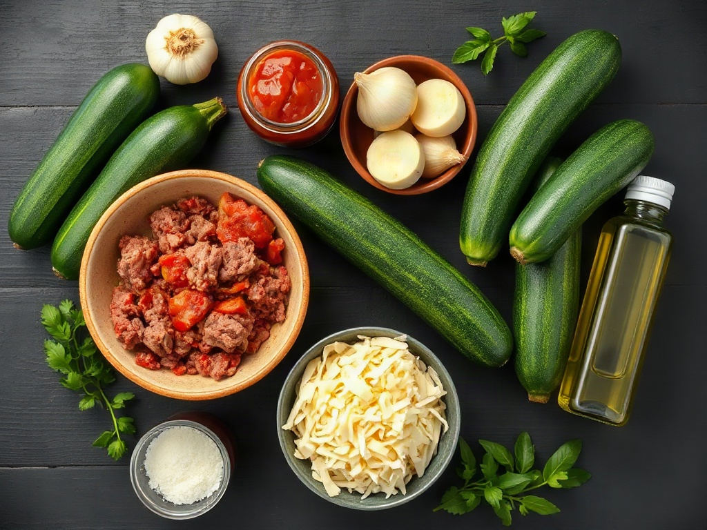 Top-down view of fresh ingredients for stuffed zucchini recipes arranged on a dark wooden table.
