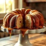 Gooey homemade monkey bread being pulled apart to show soft layers coated in cinnamon and caramel sauce.