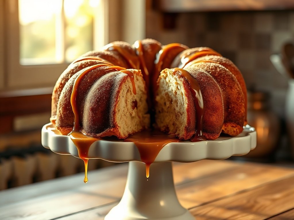Gooey homemade monkey bread being pulled apart to show soft layers coated in cinnamon and caramel sauce.