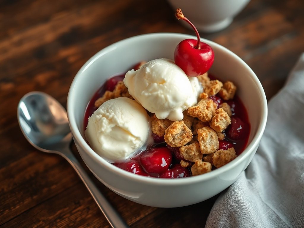 Warm cherry crumble served with vanilla ice cream