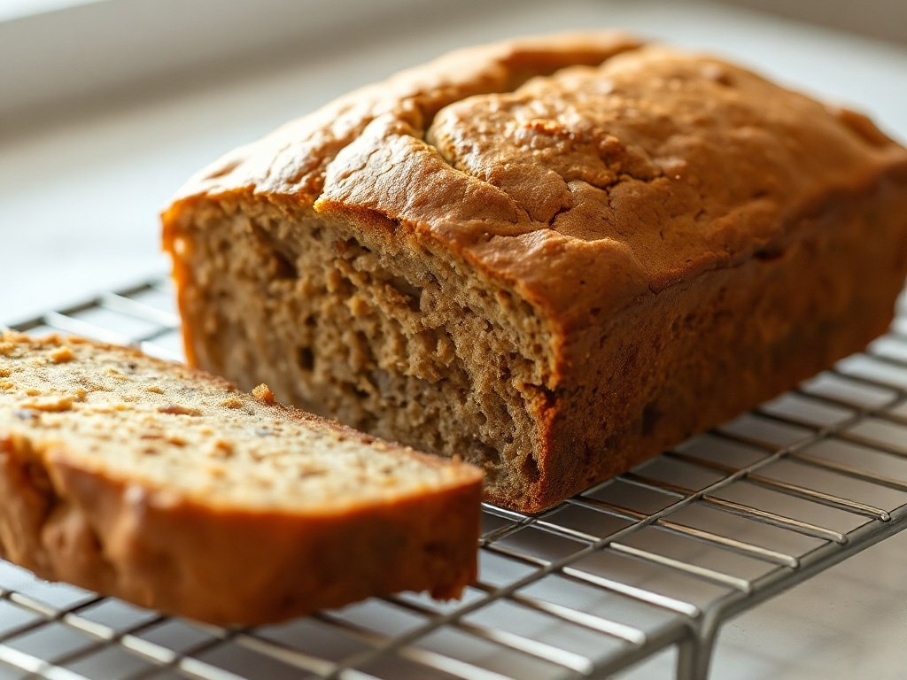 Whole loaf of golden gluten free zucchini bread on a cooling rack with one slice removed