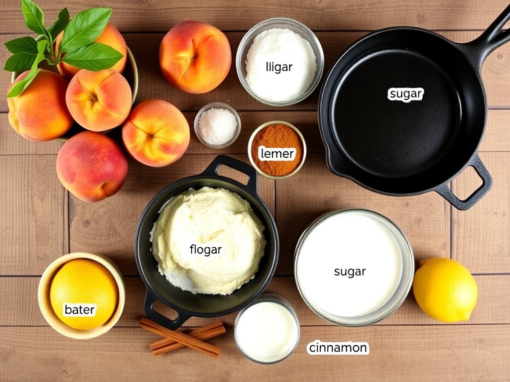 Flat lay of peach cobbler ingredients including fresh peaches, flour, butter, and cinnamon