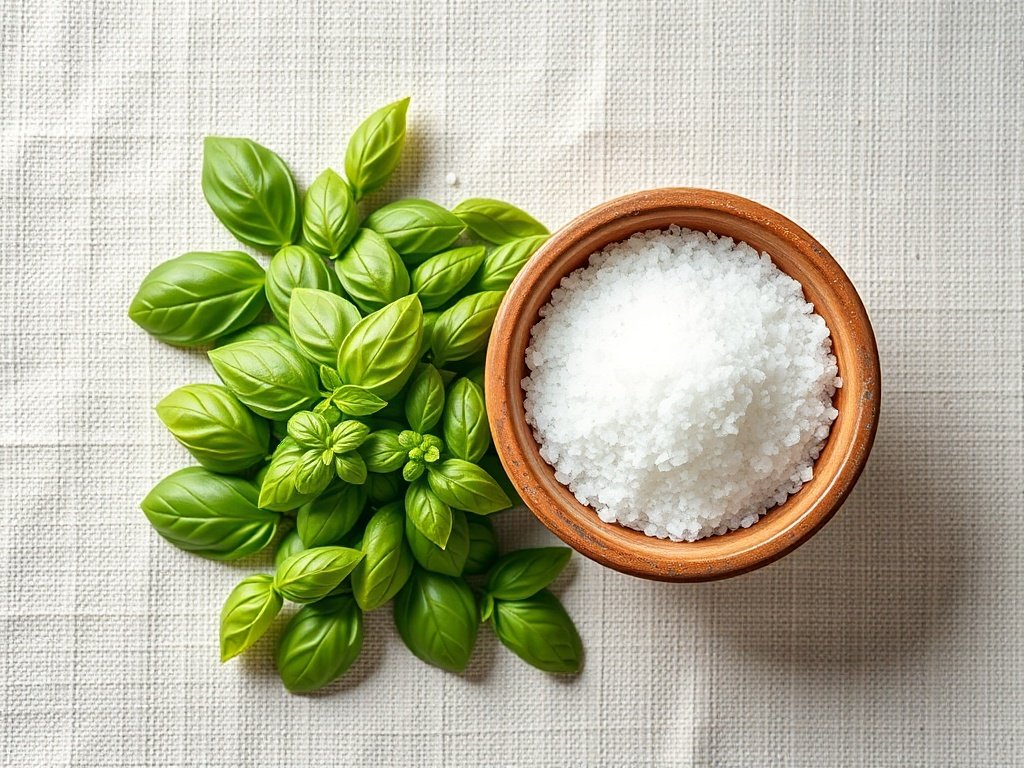 Flat lay of fresh green basil leaves and coarse sea salt in a bowl on a linen background.