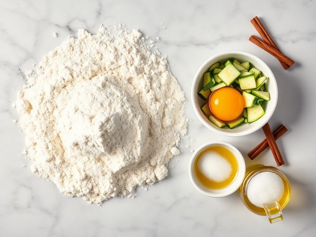 Flat lay of ingredients for gluten free zucchini bread: flour, zucchini, egg, oil, sugar, cinnamon
