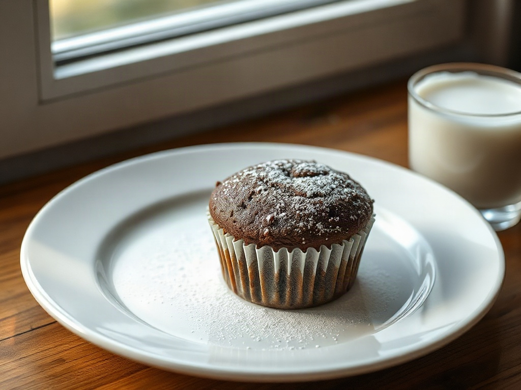 A plated chocolate zucchini muffin with a dusting of powdered sugar next to a glass of milk.