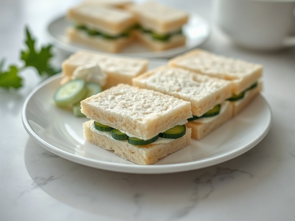 Classic cucumber sandwiches with herbed cream cheese on a white plate