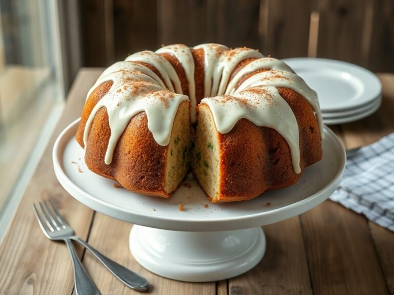 A slice of moist zucchini cake with cream cheese frosting on a white plate, showing the tender crumb and green zucchini flecks.