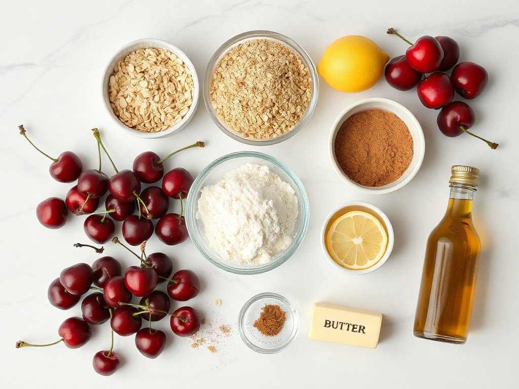 Fresh cherry crumble ingredients arranged on a marble surface
