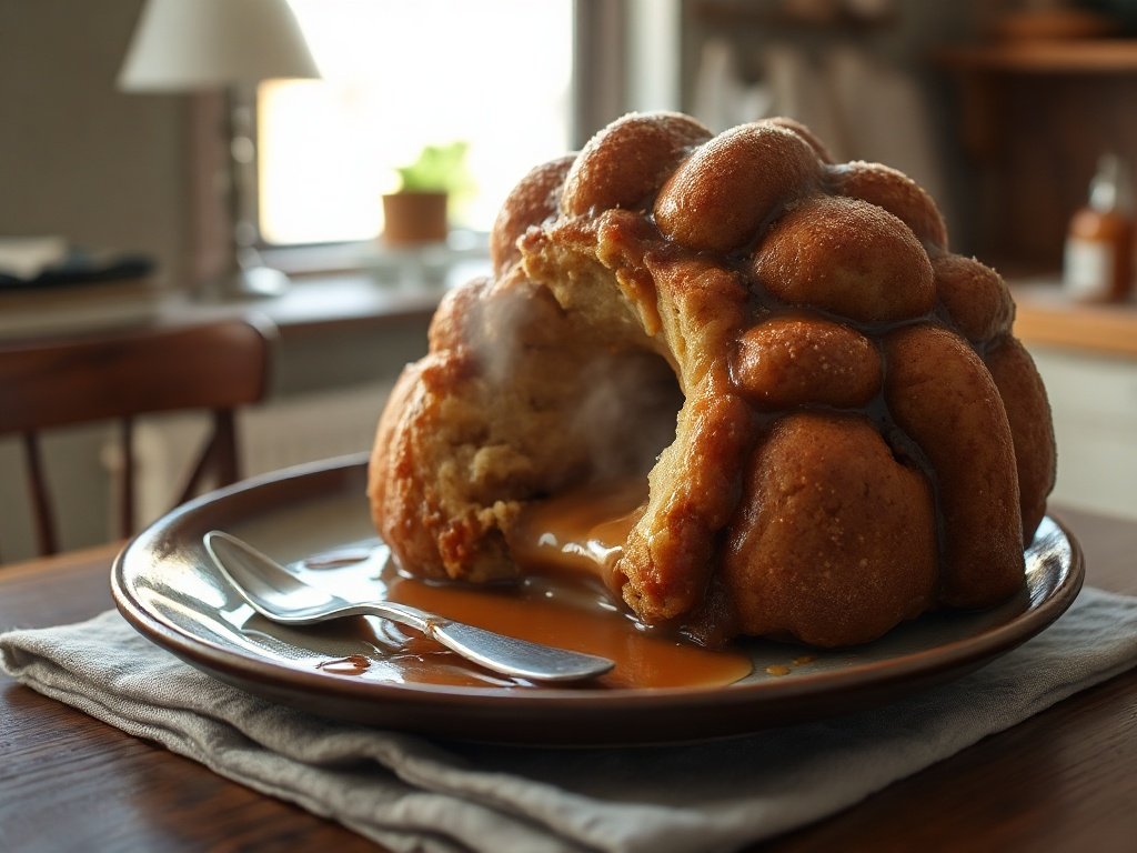 Inverted monkey bread on a ceramic plate with caramel sauce dripping down the sides.