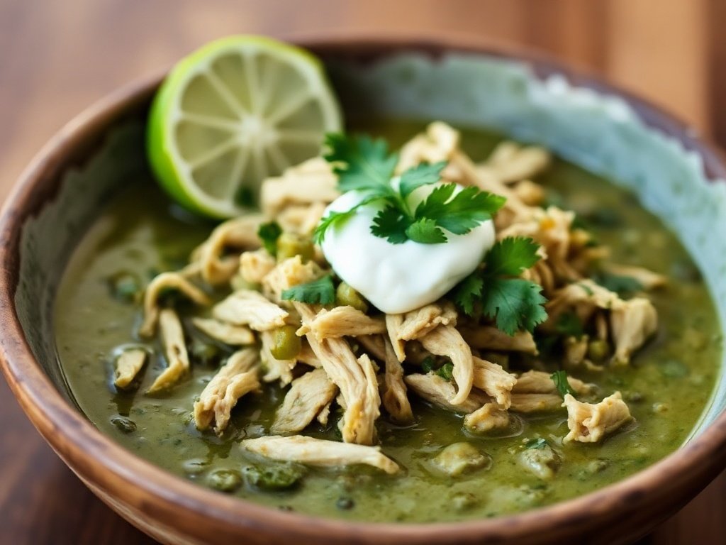 Plated bowl of chicken chili verde with cilantro garnish and lime wedge.
