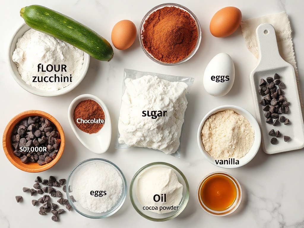 Top-down flat lay of chocolate zucchini cake ingredients on a marble surface