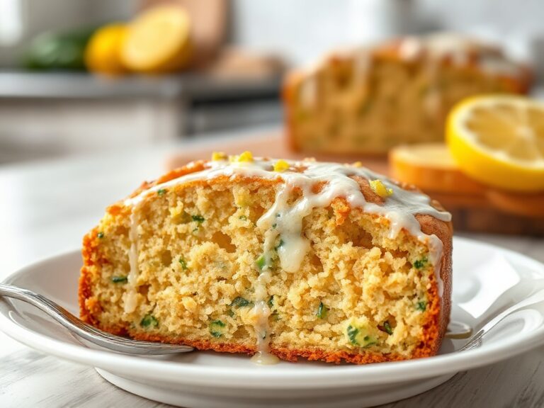 Slice of lemon zucchini bread with lemon glaze on a white plate