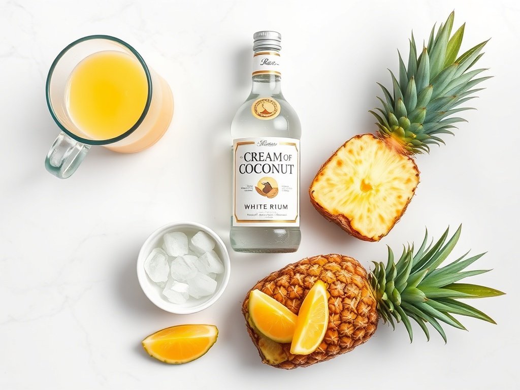 Flat lay of pineapple juice, cream of coconut, white rum, ice, and fresh pineapple