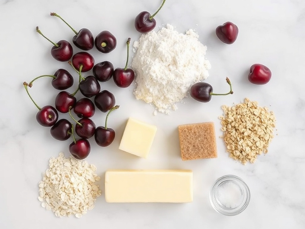 Ingredients for fresh cherry crumble arranged on a marble surface