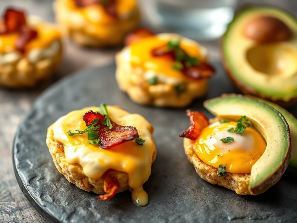 Finished high protein egg bites plated with fresh avocado slices for a keto breakfast meal.
