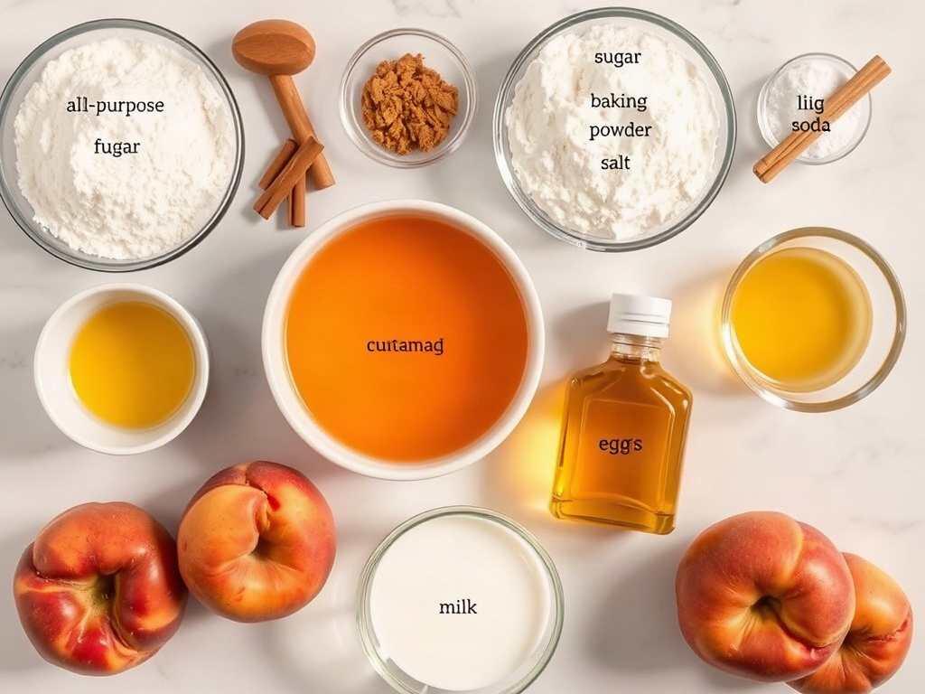 Peach bread ingredients arranged on marble