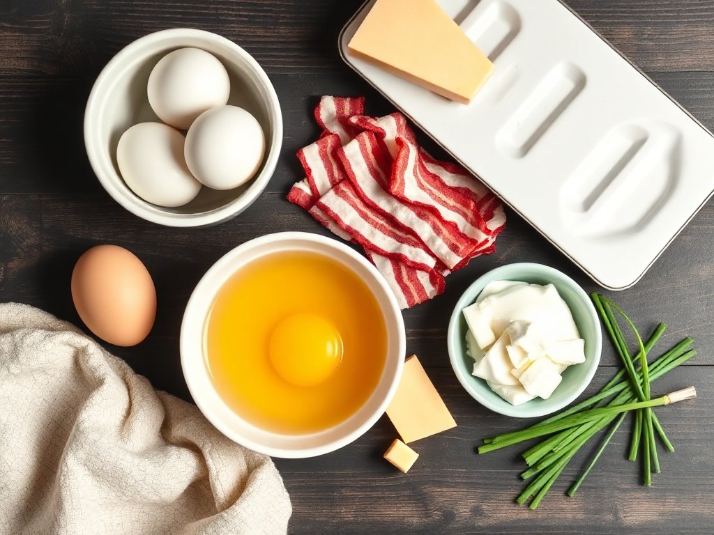 Flat lay of eggs, bacon, cheese, and chives for making low carb breakfast egg bites.