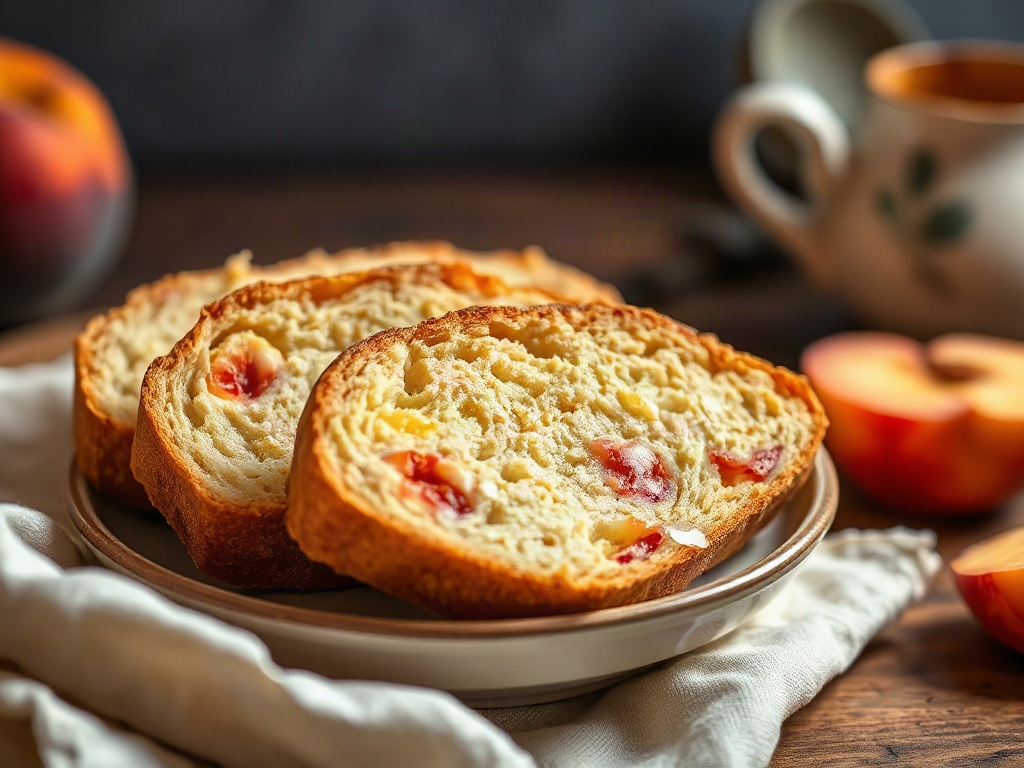 Slice of moist peach bread on a plate