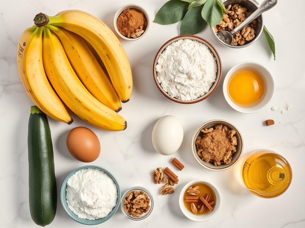 Top-down flat lay of banana zucchini bread ingredients including bananas, zucchini, flour, eggs, and walnuts.