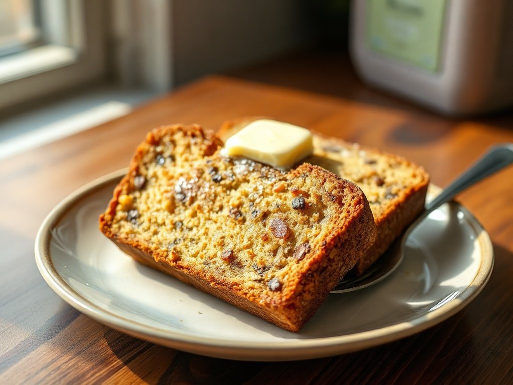 Two slices of zucchini banana bread on a plate with butter