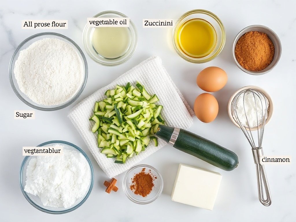 Flat lay of fresh ingredients for making zucchini cake, including grated zucchini, flour, eggs, and spices.