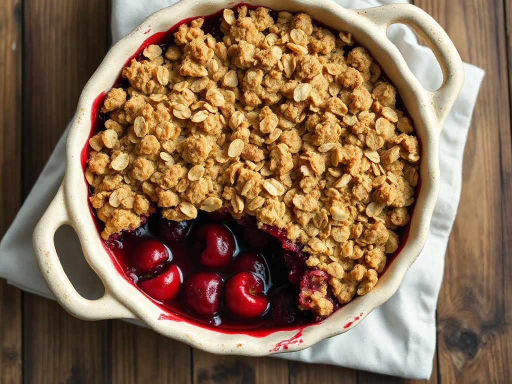 Homemade cherry crumble with buttery oat topping