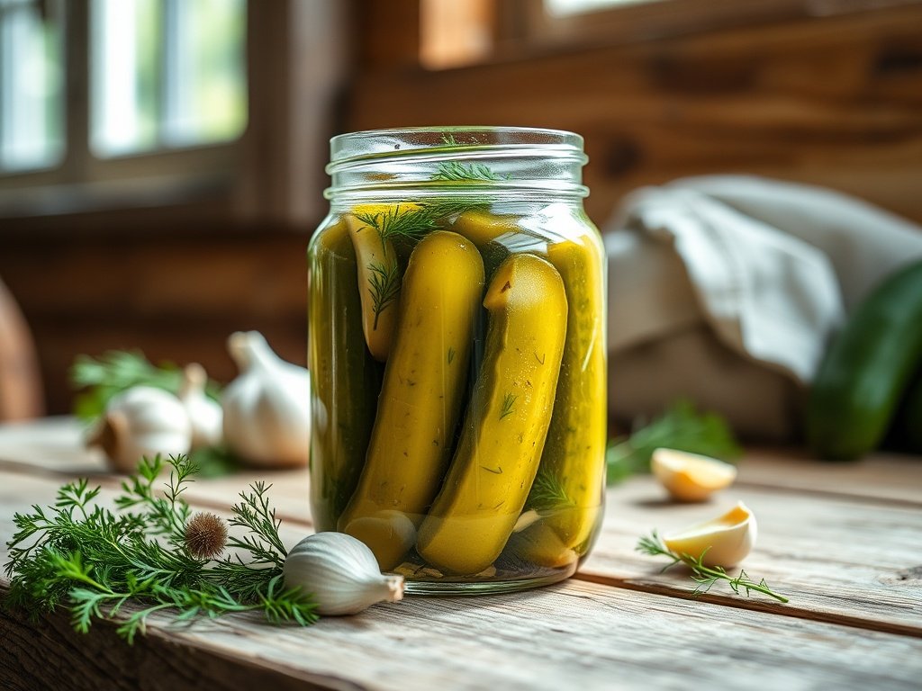 Jar of easy homemade dill pickles with garlic and fresh dill on a wooden table.