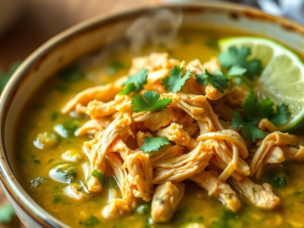 Bowl of Easy Chicken Chili Verde with shredded chicken and green tomatillo sauce garnished with cilantro and lime.