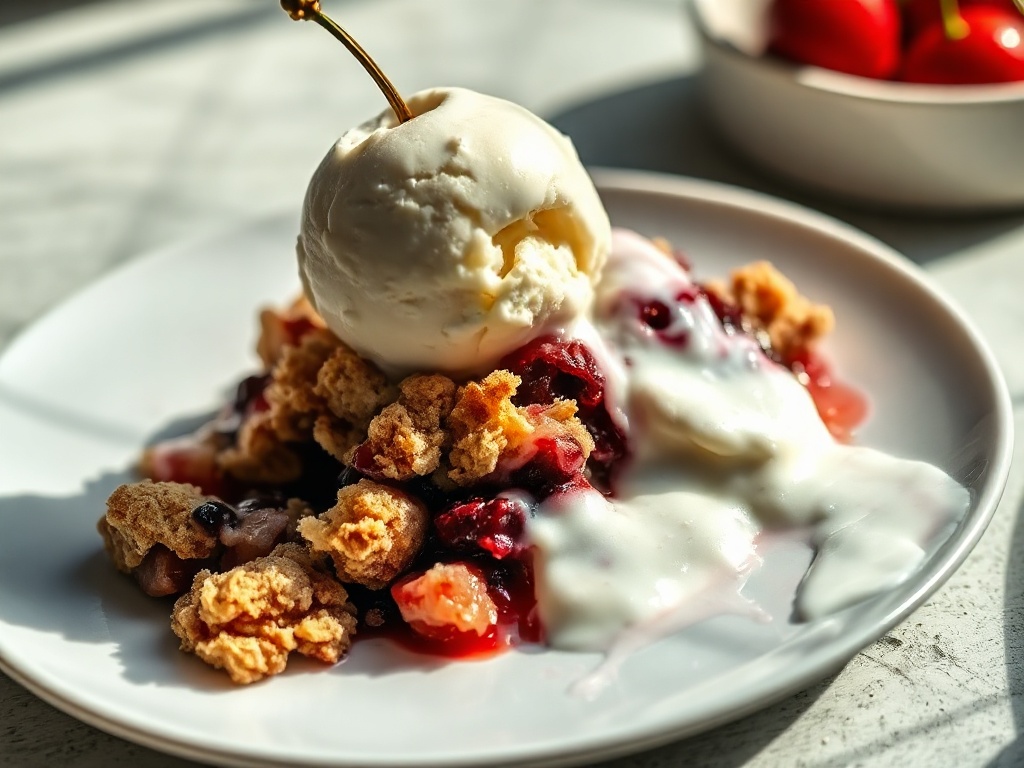 Plated fresh cherry crumble topped with vanilla ice cream
