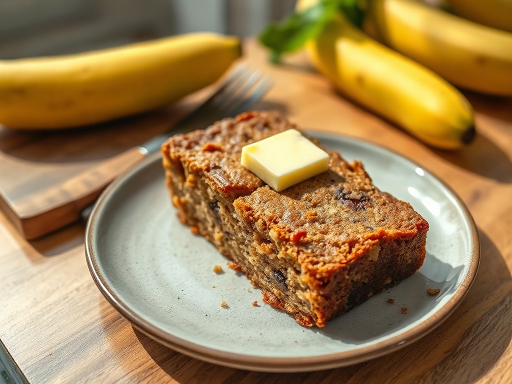Plated slice of banana zucchini bread with a spread of butter on a ceramic plate.