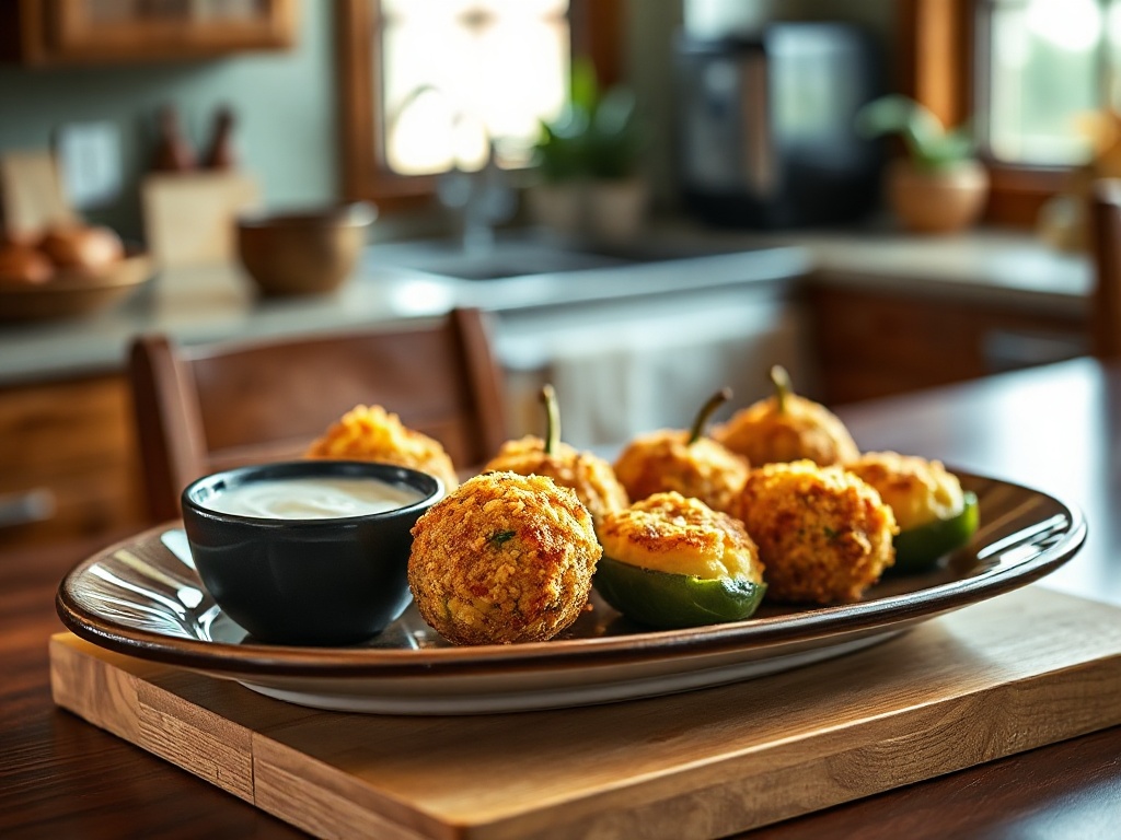 Air Fryer Jalapeño Popper Bites on a ceramic platter with a side of ranch dip, soft natural lighting and appetizing presentation.