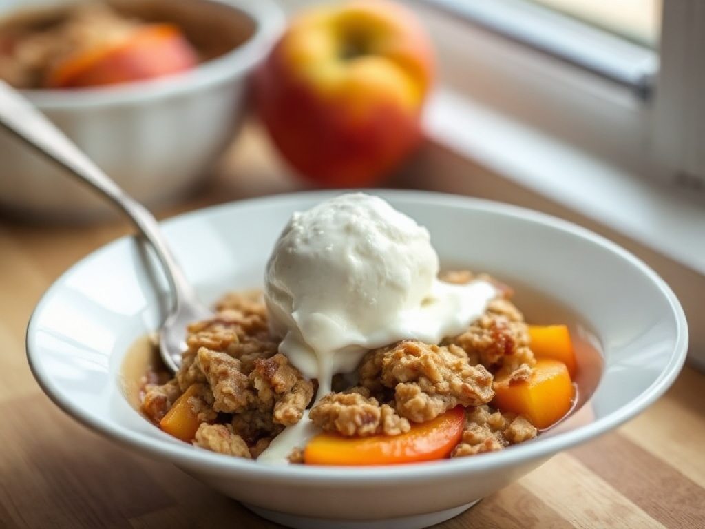 Plated peach crisp with melting vanilla ice cream and crunchy oat topping
