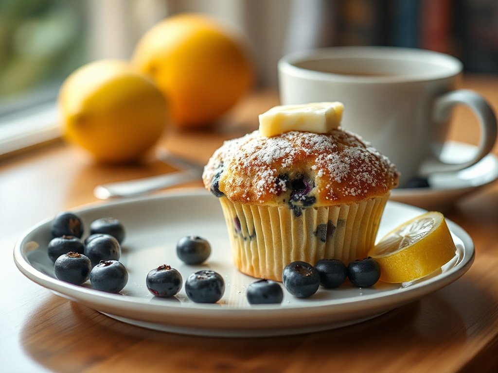 Plated lemon blueberry muffin with tea