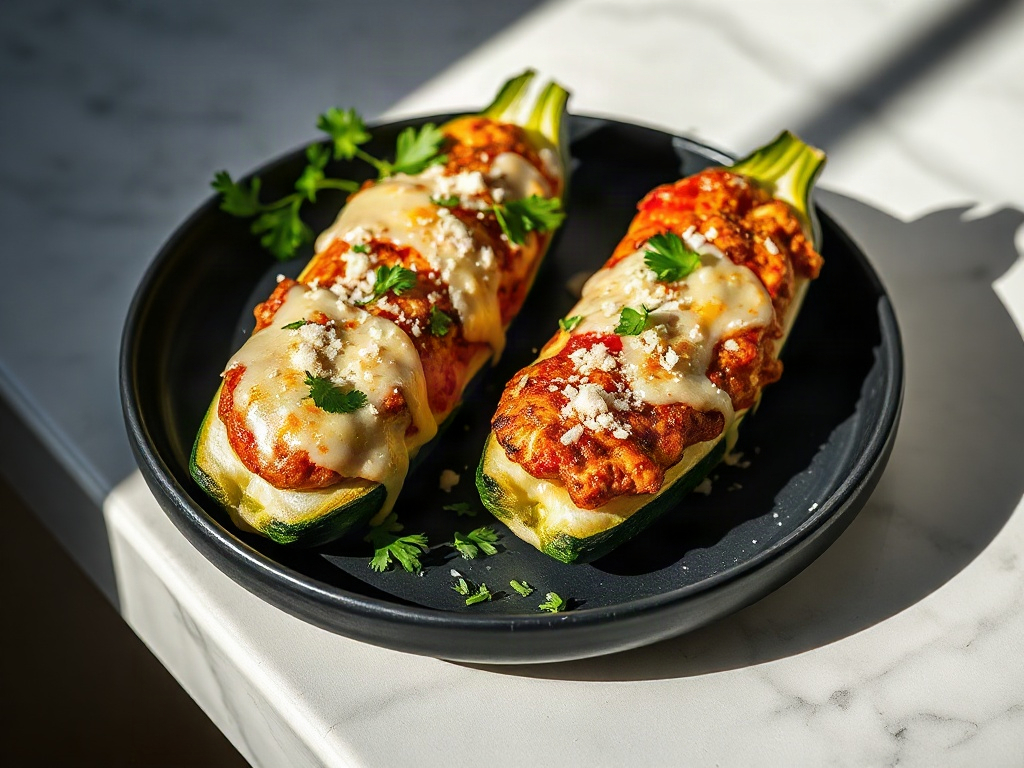 Two finished stuffed zucchini boats on a slate plate with parsley and Parmesan garnish.