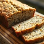 Sliced moist banana zucchini bread loaf on a wooden board with golden crust and soft crumb.