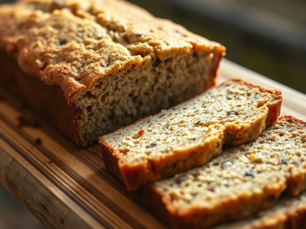 Sliced moist banana zucchini bread loaf on a wooden board with golden crust and soft crumb.