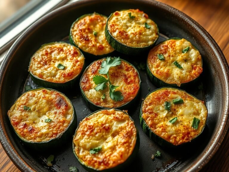 Close-up of crispy golden garlic Parmesan baked zucchini rounds on a dark ceramic plate garnished with fresh parsley