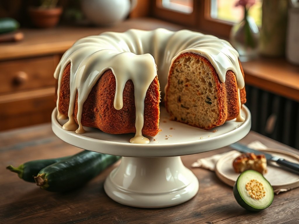 A whole zucchini bundt cake with cream cheese frosting dripping down the sides, one slice removed, on a vintage cake stand.