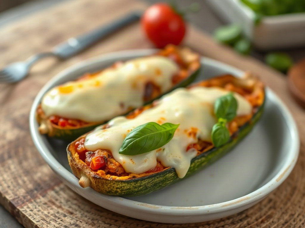 Close-up of cheesy baked stuffed zucchini boats on a white plate with fresh basil garnish.