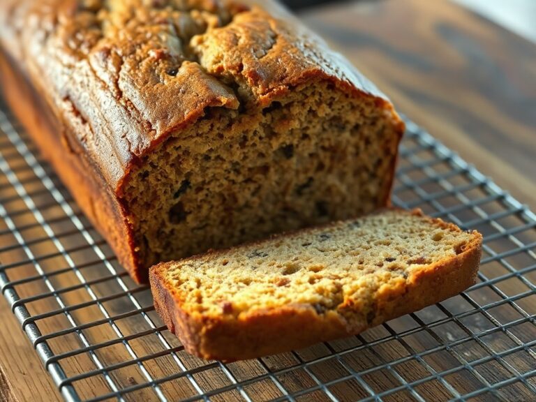Moist zucchini banana bread loaf cooling on a rack