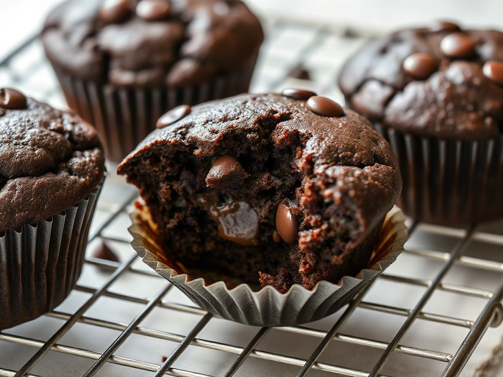Moist chocolate zucchini muffins with chocolate chips on a cooling rack.