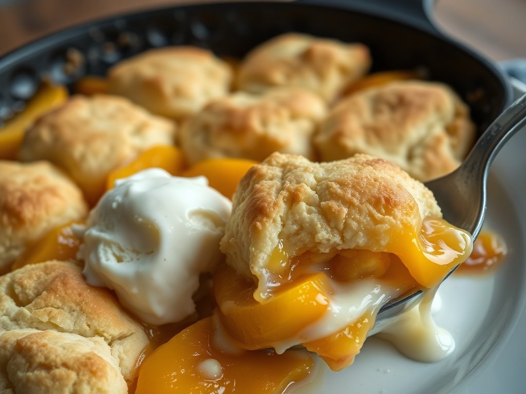 Fresh peach cobbler in a skillet with a scoop of vanilla ice cream