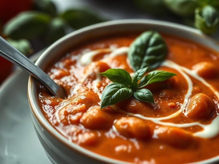 A bowl of creamy roasted tomato basil soup garnished with fresh basil and a drizzle of cream.