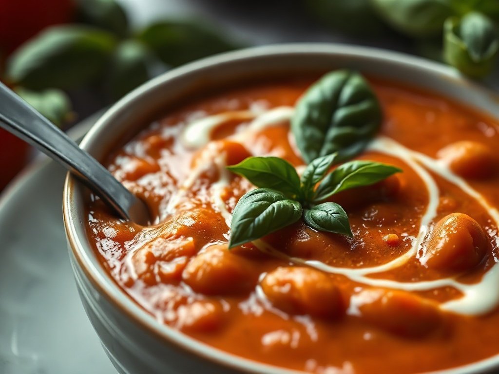 A bowl of creamy roasted tomato basil soup garnished with fresh basil and a drizzle of cream.