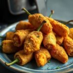 Crispy golden air fryer jalapeño poppers closely stacked on a plate with a creamy dip on the side.