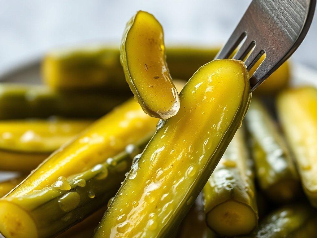 Finished dill pickle spears on a plate, one lifted with a fork, food magazine style.