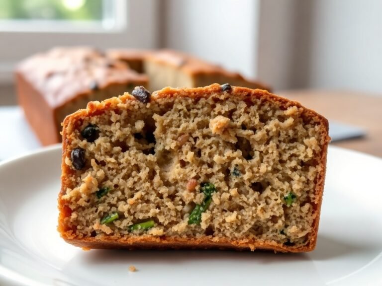 Slice of gluten free zucchini bread with visible zucchini pieces on a white plate