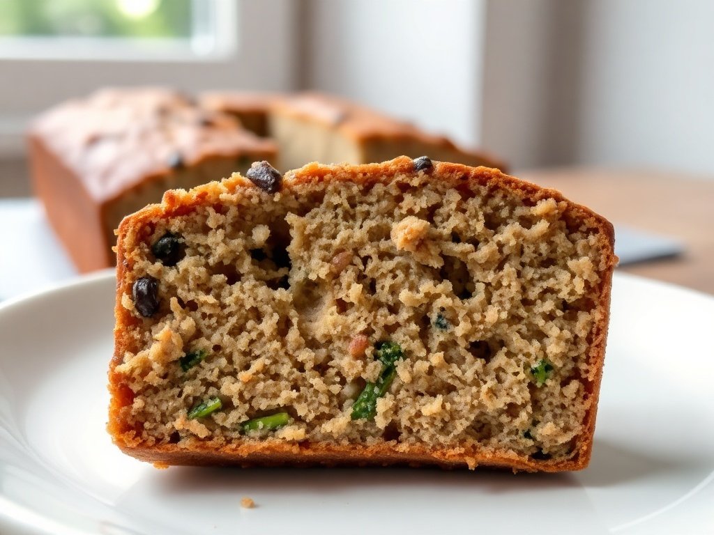 Slice of gluten free zucchini bread with visible zucchini pieces on a white plate