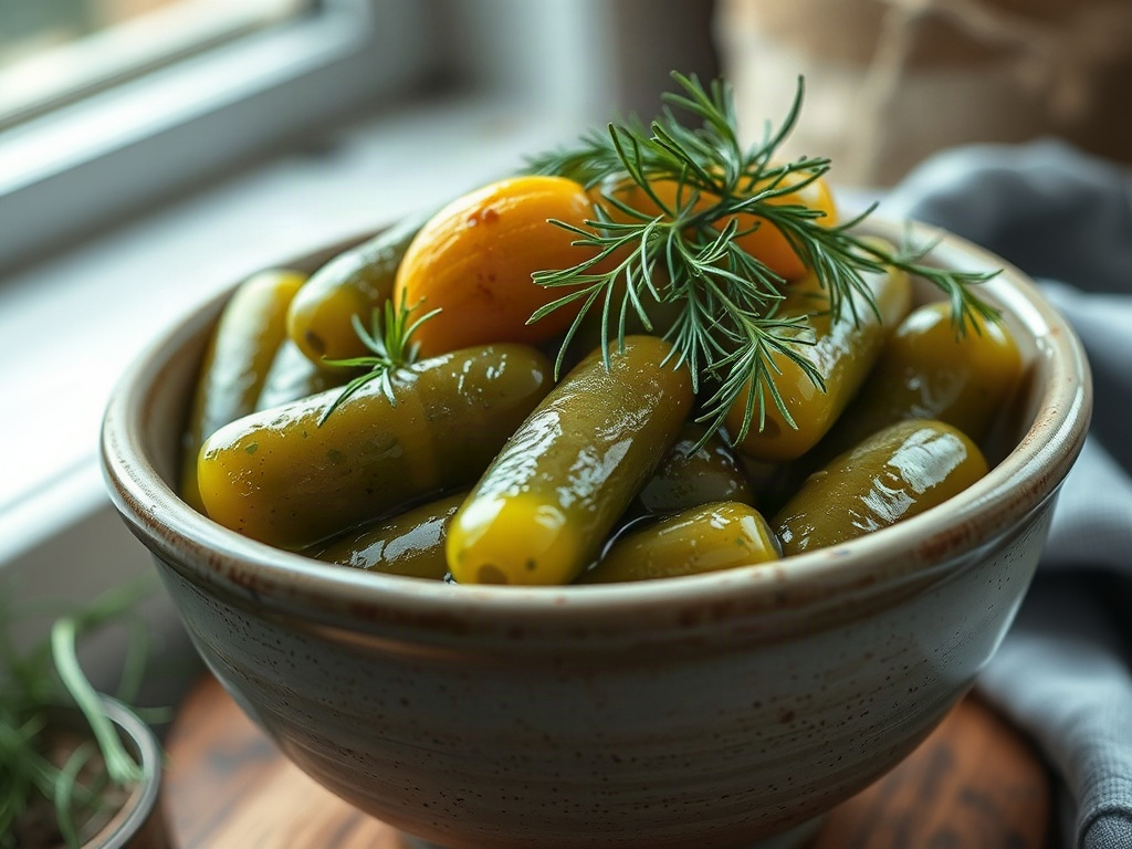 Crisp refrigerator pickles in a small ceramic bowl, topped with fresh dill, ready to eat
