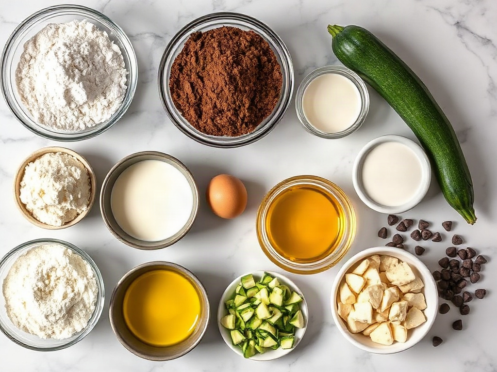 Flat lay of ingredients for chocolate zucchini muffins.